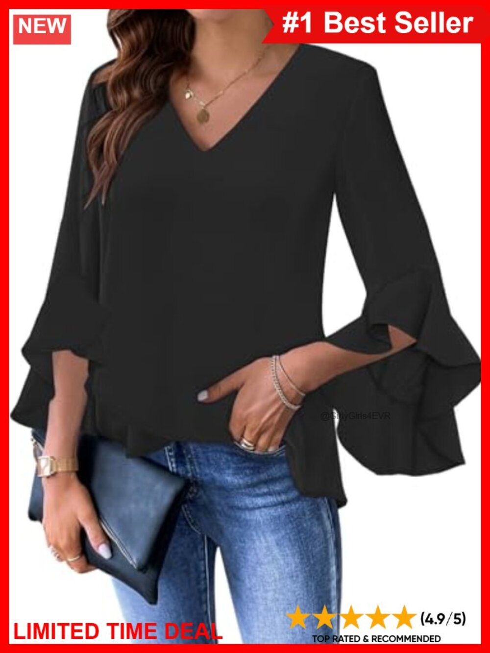 Ruffle 3/4 Sleeve V Neck Blouse Business Casual Tunic Top